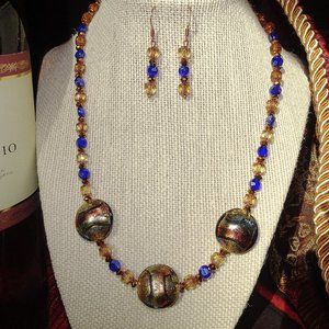 Handmade necklace & earring set with a trio of gold foil Murano focals